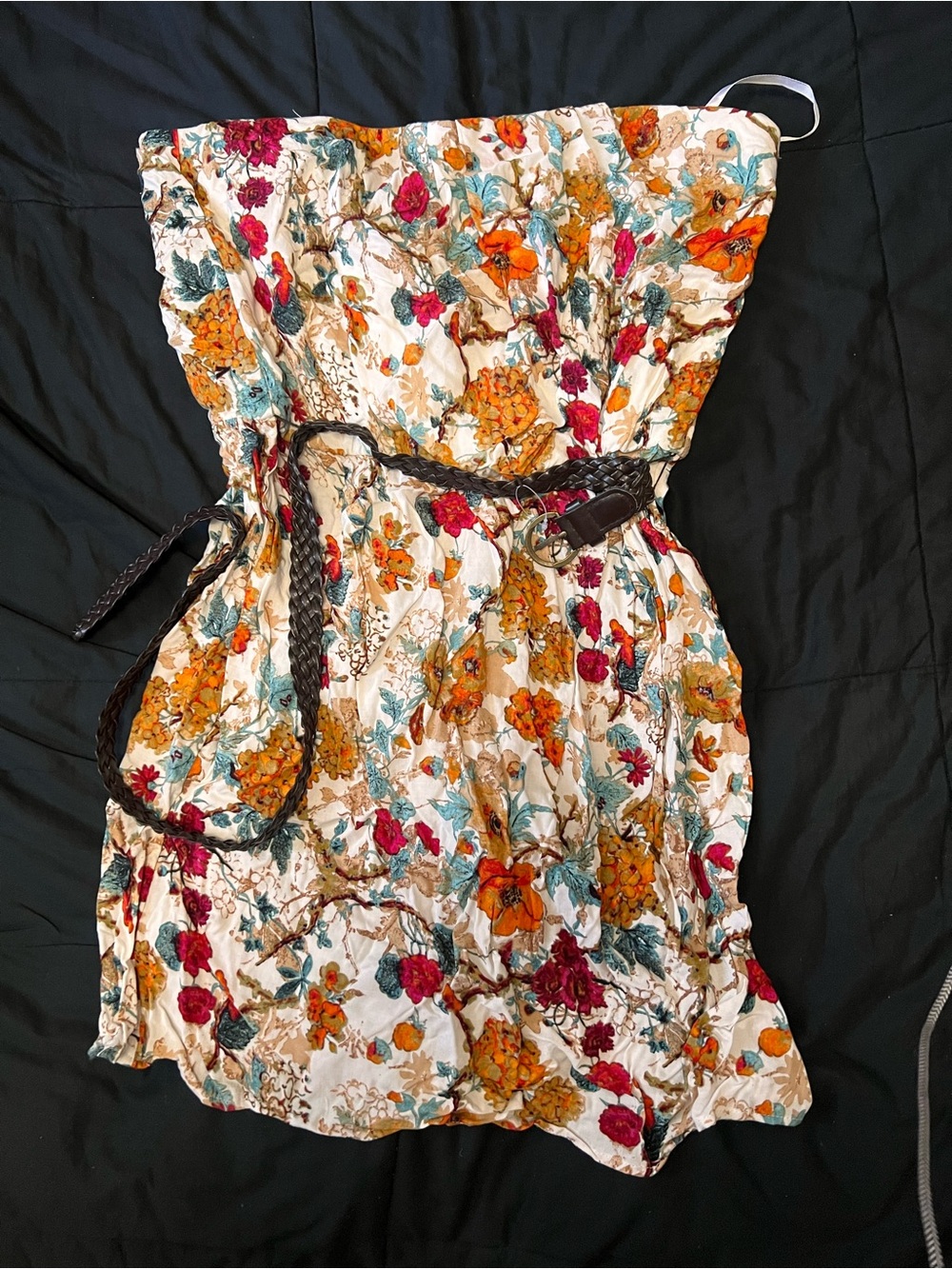 American Rag Strapless Floral Top in Cream with Orange, Teal & Red Flowers
